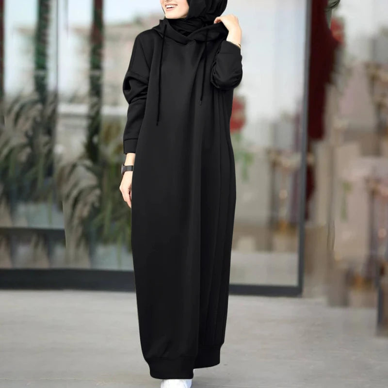 Women Winter Pullovers ZANZEA 2025 Stylish Hooded Hoodies Dress Casual Long Sleeve Maxi Vestidos Female Drawstring Robe Femme