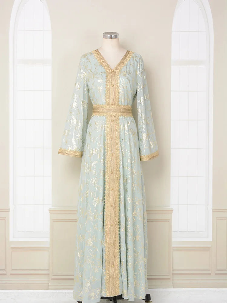 S-2XL Muslim Abaya Dress Patchwork Printed Long Sleeve Arabic Muslim Abaya Saudi Turkish Islamic Party Dress V Neck Kaftan Robe