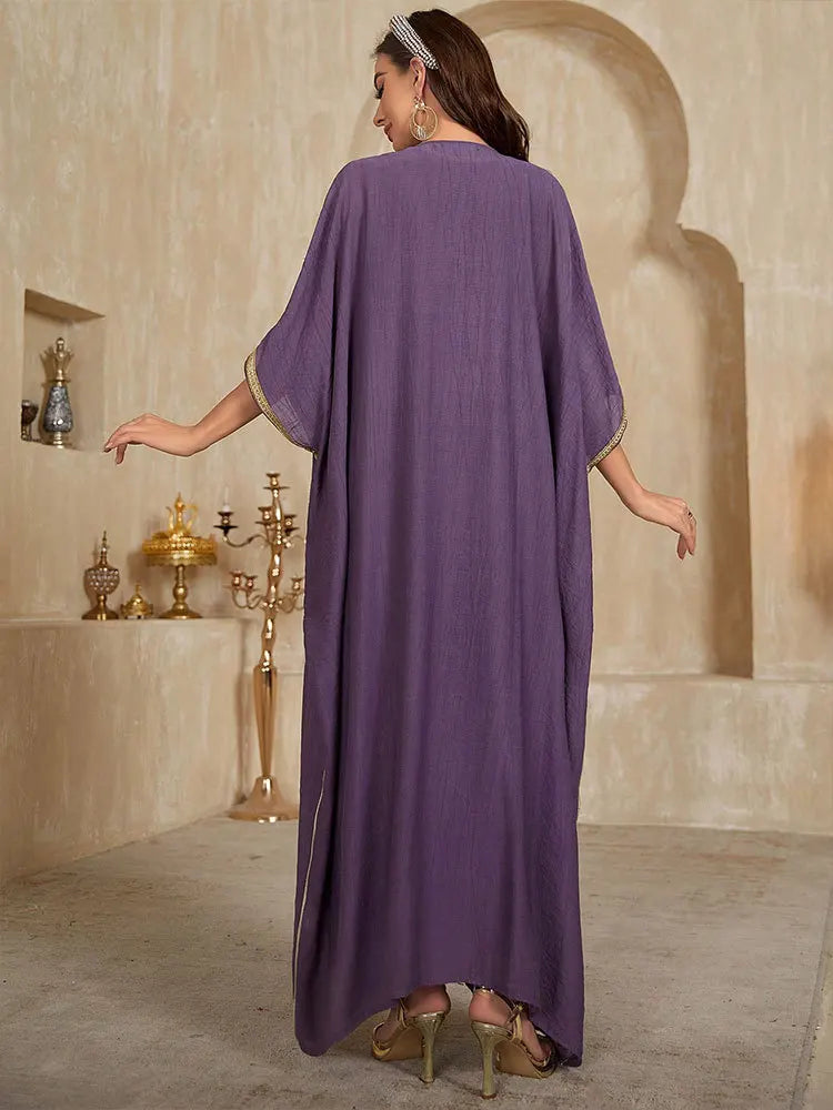 Latest Muslim Kaftan Abaya Women Purple Modest Dress Gold Sequin Embroidered 3/4 Sleeve Open Abaya Islamic Formal Gown