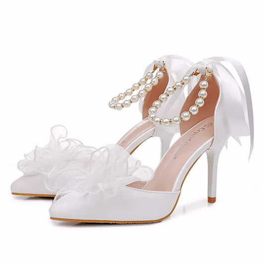 2026 New French Romance Women's 5cm 7cm 9.5cm High Thin Heels Elegant White Pointed Toe Buckle Strap Summer Wedding Shoes