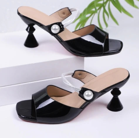 2025 Spring Summer New Women's Pearl Open Toe Block Heels Slip on Outdoor Fashion Shoes Chunky Heel Beach Walking