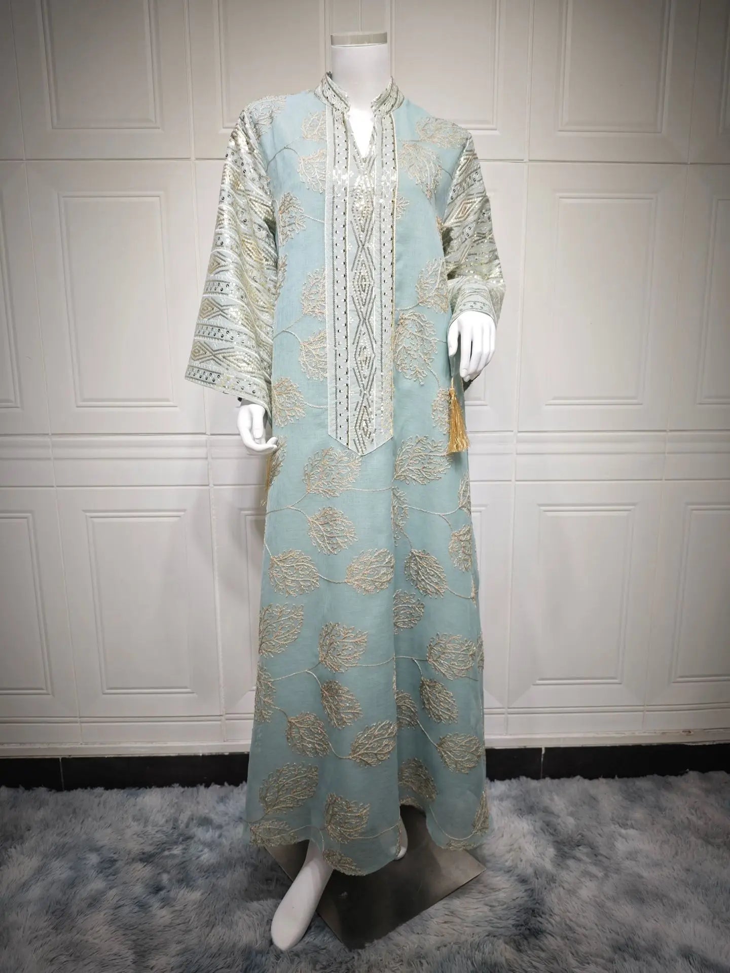 AB423 Luxury Abaya Women Muslim Dress Long Sleeve Embroidered Sequined Robe Middle Eastern Kaftan Dresses Muslim Evening Dress