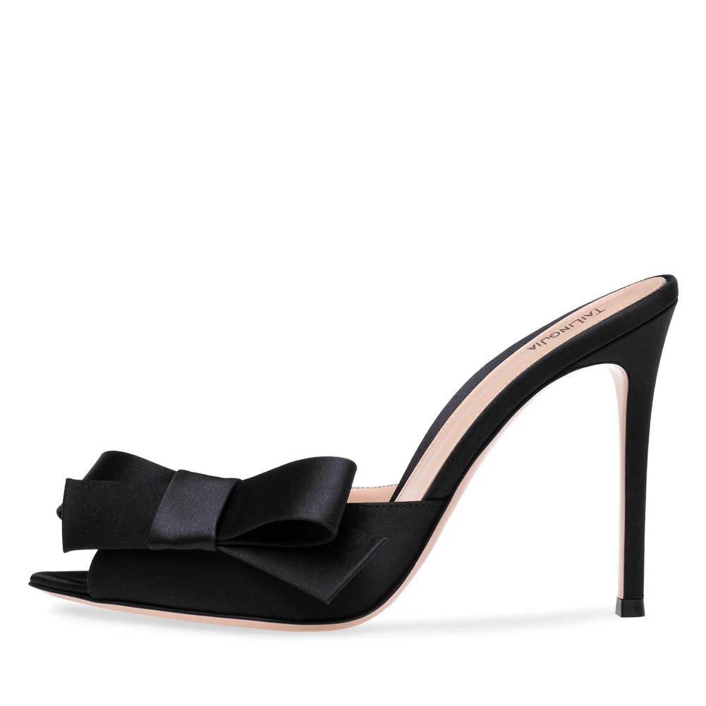 Summer Pointed Toe Satin Mules Shoes Women Heels Large Size High Heel Sandals With Bow