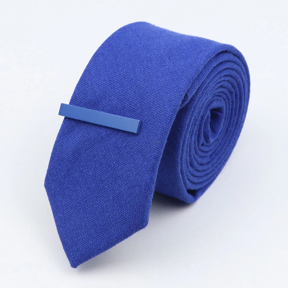 Tie&Clip Set Fashion 6cm Solid Color Linen/Cotton Necktie Bright Ties Pin Clips Clasp Colourful for Men's Clothing Accessories