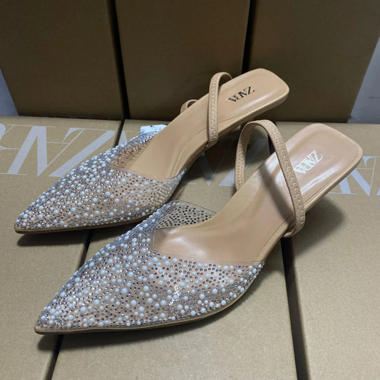ZA Women's 2026 Summer Nude Sandals Pearl Rhinestone Pointed Toe Mules Heel Back Strap Party Wedding Dress Shoes Elegant Pumps