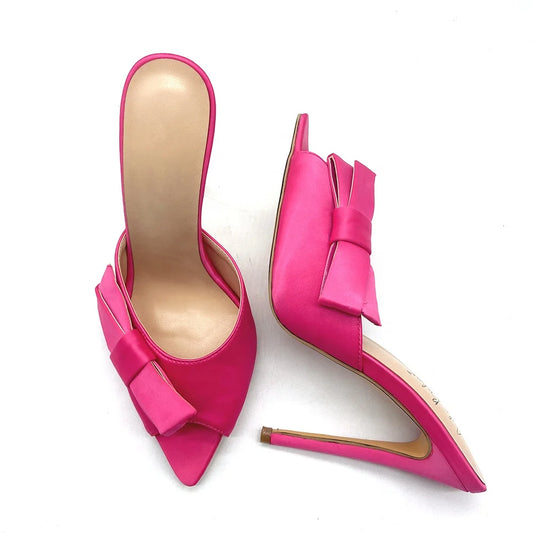 Summer Pointed Toe Satin Mules Shoes Women Heels Large Size High Heel Sandals With Bow