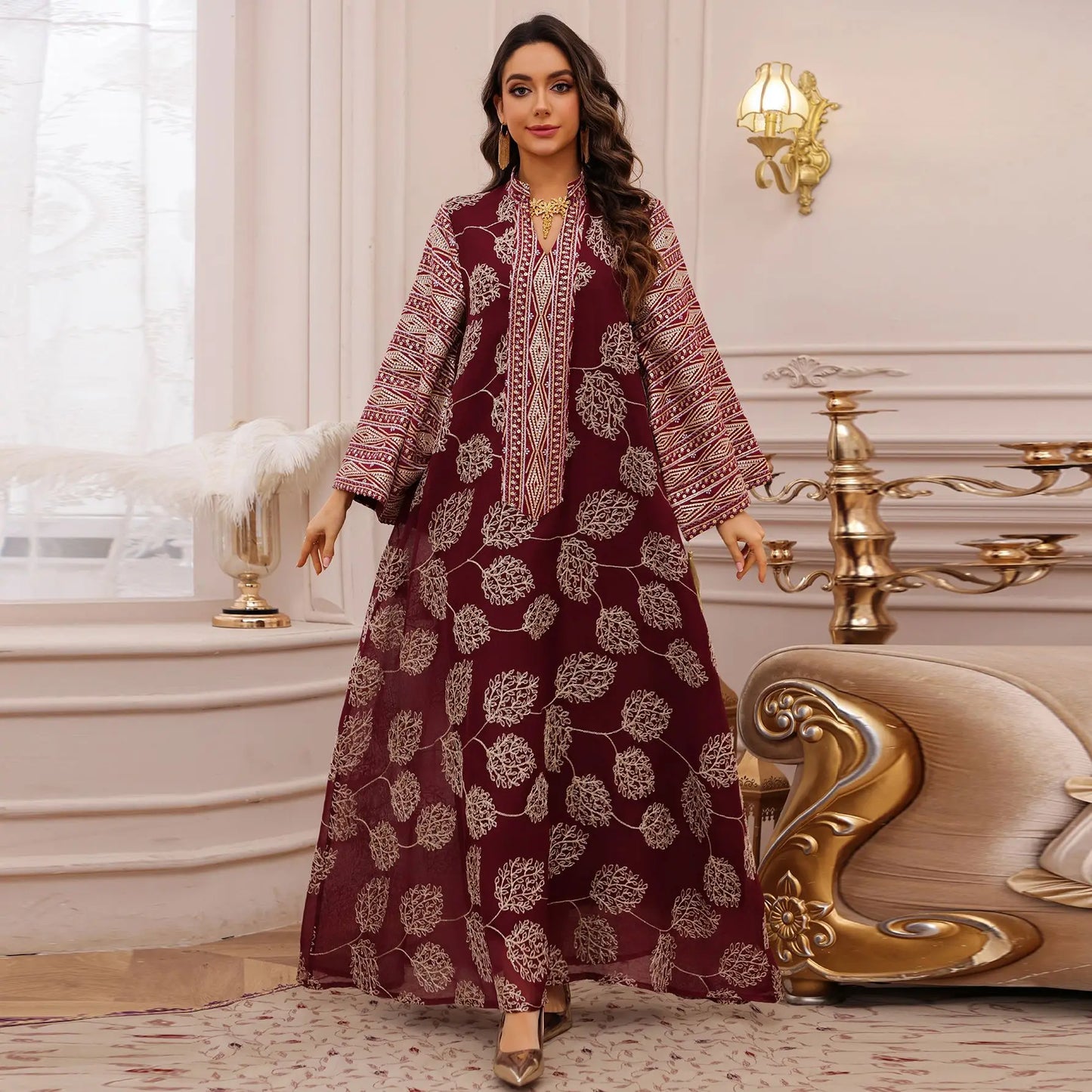AB423 Luxury Abaya Women Muslim Dress Long Sleeve Embroidered Sequined Robe Middle Eastern Kaftan Dresses Muslim Evening Dress
