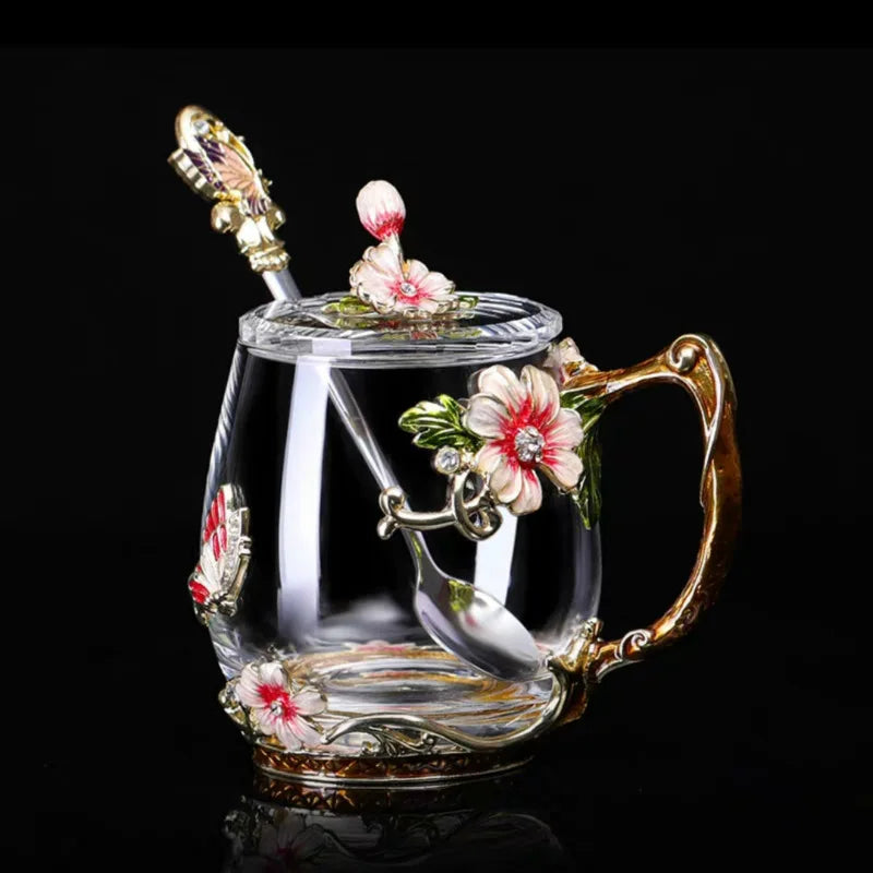 Beauty Enamel Crystal Glass Cup Flower Tea Mug High-grade Glass Water Cup and Mug with Handgrip Perfect Gift for Lover Wedding