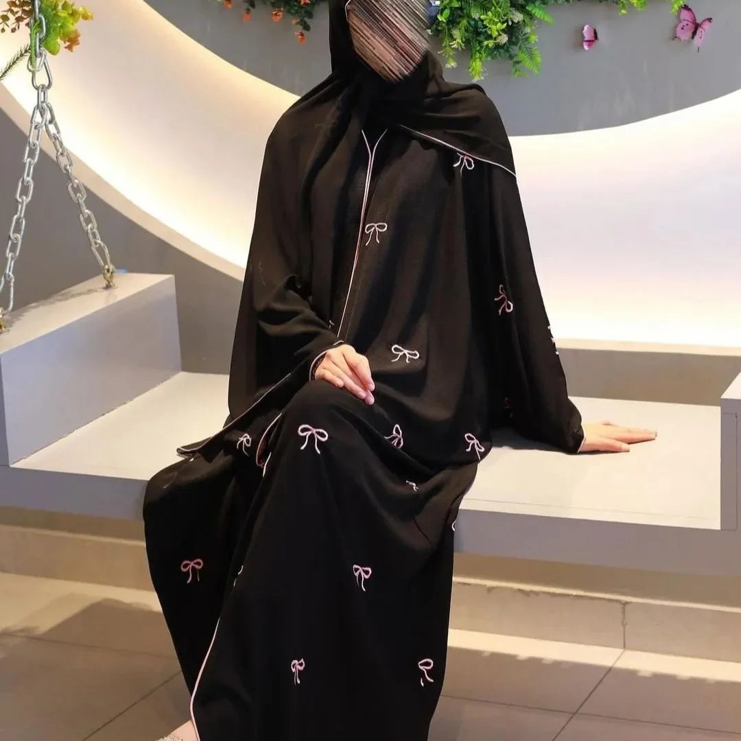 2025 New Ramadan Stylish Embroidery Modest Abaya Dubai Turkish Elegant Bowknot Cardigan Women Dubai Abayas for Women Muslim