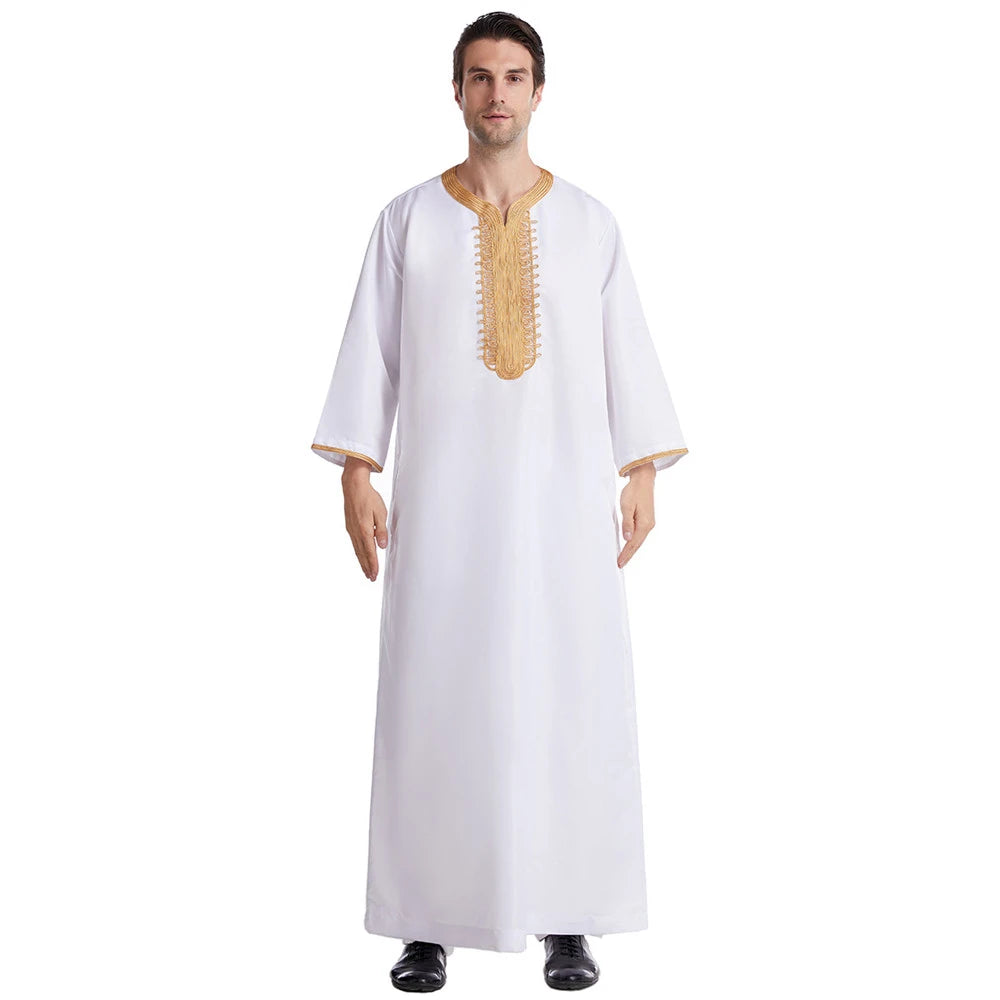 Muslim Men Jubba Thobe Solid Color Breathable Embroidery Long Robes Gown Islamic Arabic Kaftan Abaya Middle East Dubai Pakistani