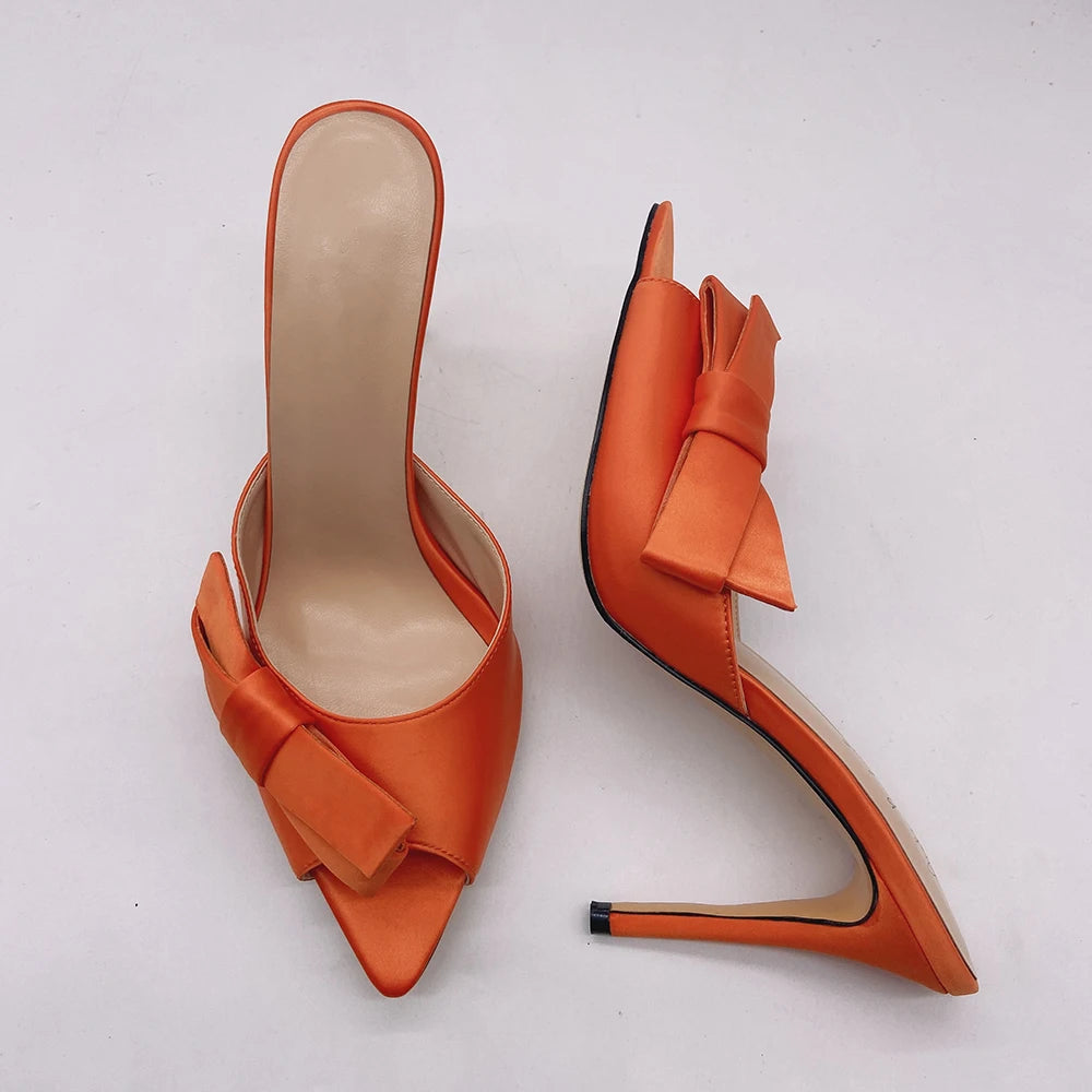Summer Pointed Toe Satin Mules Shoes Women Heels Large Size High Heel Sandals With Bow