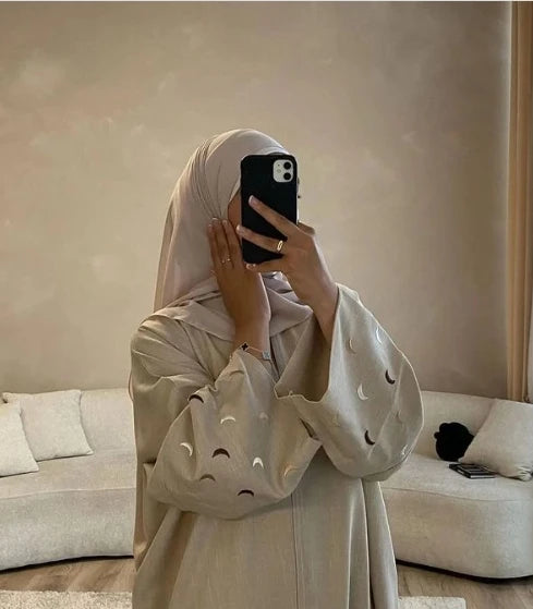 E-13 Dubai Islamic Clothing Eid Saudi Arabia Open Cardigan Moon Embroidery Muslim Abaya Dress for Women Casual All Breathable