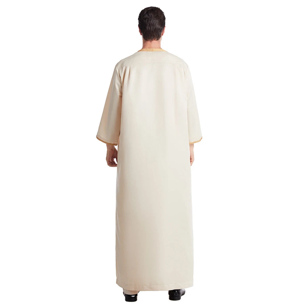 Muslim Men Jubba Thobe Solid Color Breathable Embroidery Long Robes Gown Islamic Arabic Kaftan Abaya Middle East Dubai Pakistani