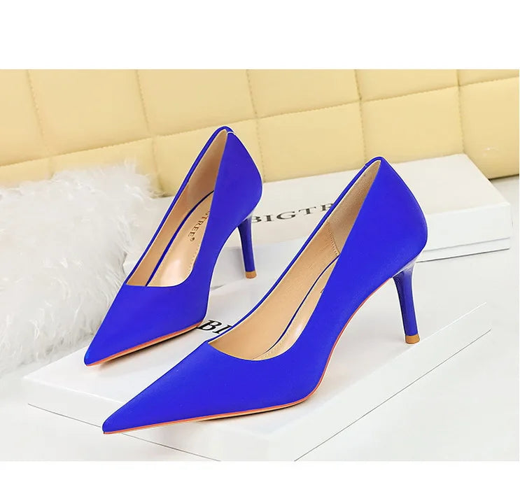 Bigtree 3265-1 Satin Slip-On Shoes with Thin Heels Comfortable Evergreen Upper Material