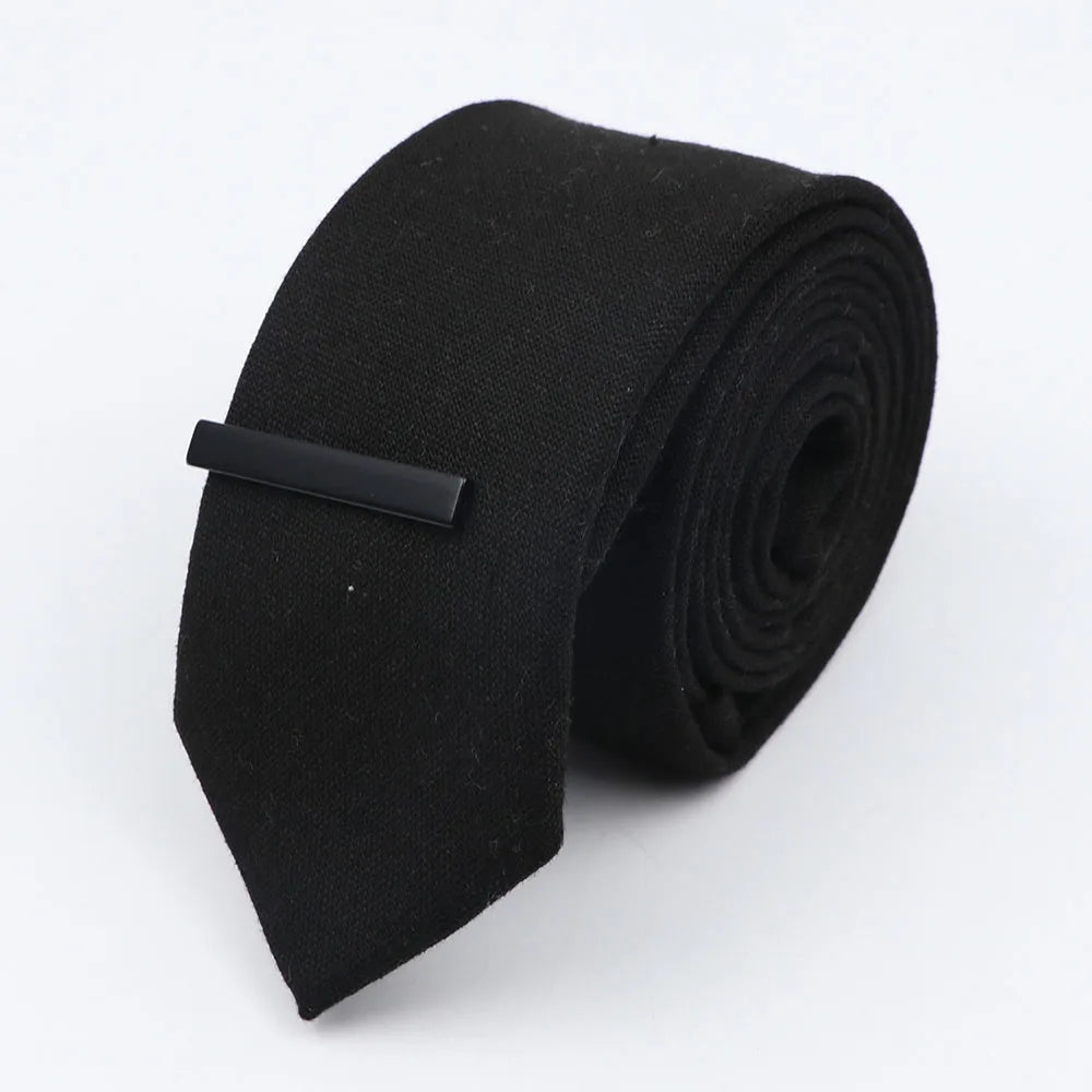 Tie&Clip Set Fashion 6cm Solid Color Linen/Cotton Necktie Bright Ties Pin Clips Clasp Colourful for Men's Clothing Accessories