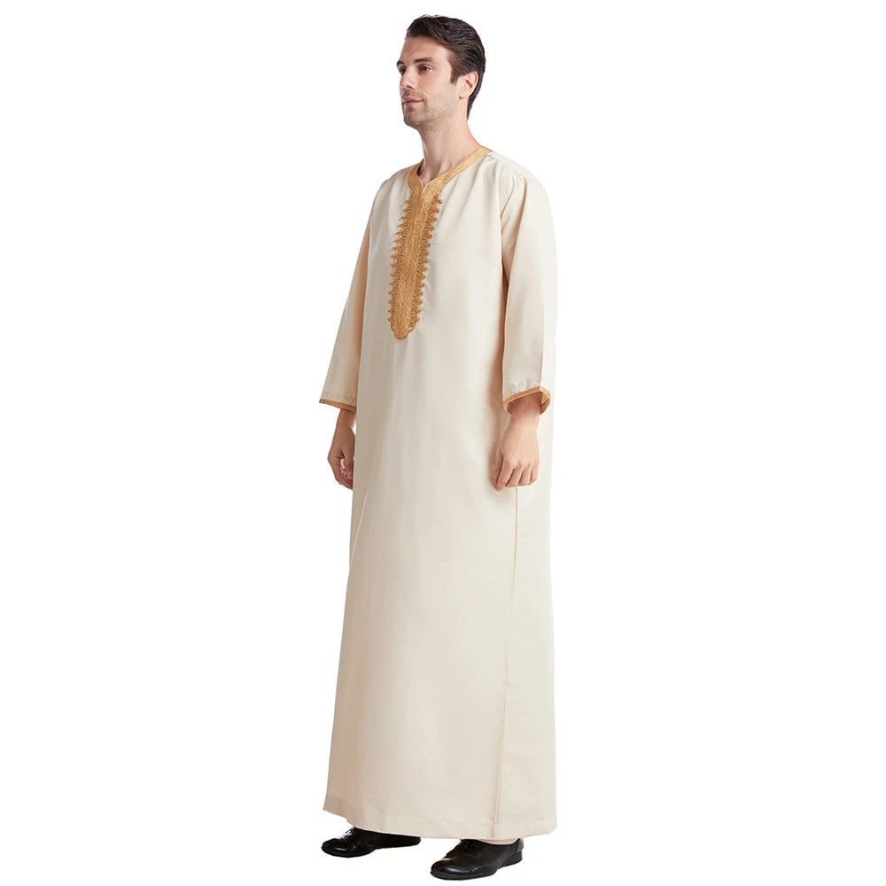 Muslim Men Jubba Thobe Solid Color Breathable Embroidery Long Robes Gown Islamic Arabic Kaftan Abaya Middle East Dubai Pakistani