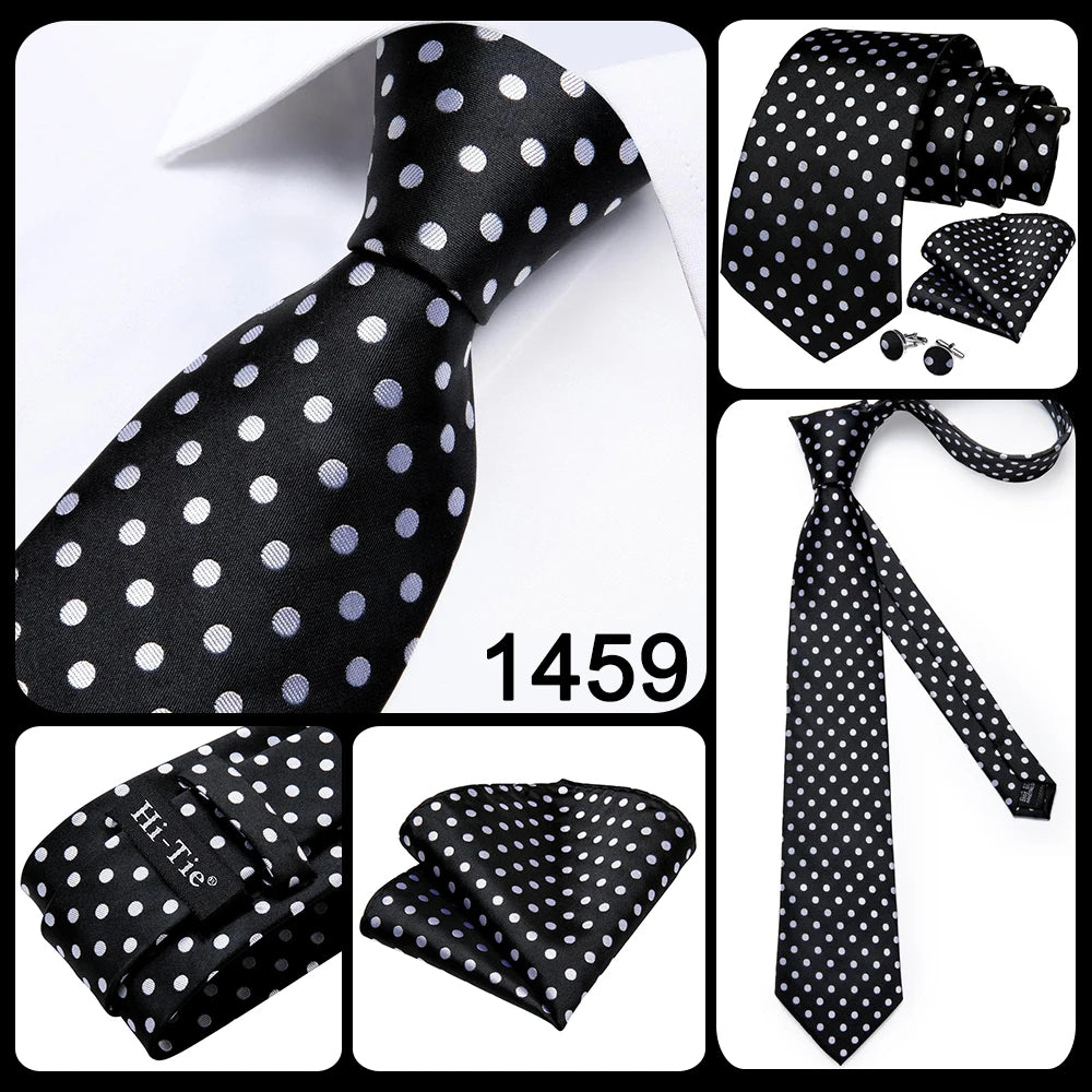 Hi-tie Design Black Solid Dot Silk Wedding Tie For Men Hanky Cufflink Gift Men Necktie Gravata Set Fashion Business Dropshipping