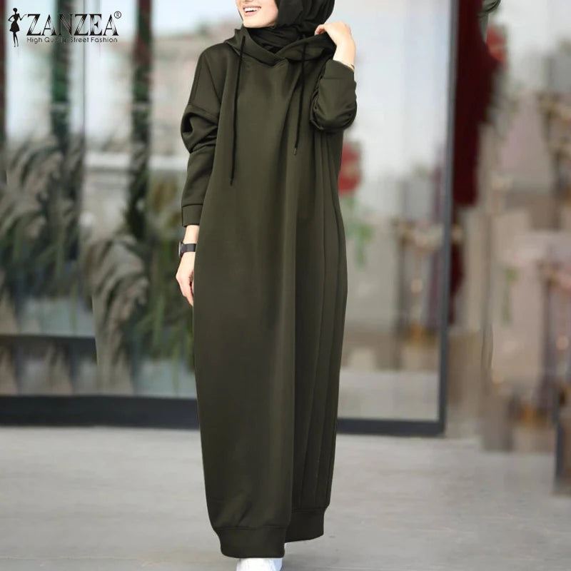 Women Winter Pullovers ZANZEA 2025 Stylish Hooded Hoodies Dress Casual Long Sleeve Maxi Vestidos Female Drawstring Robe Femme