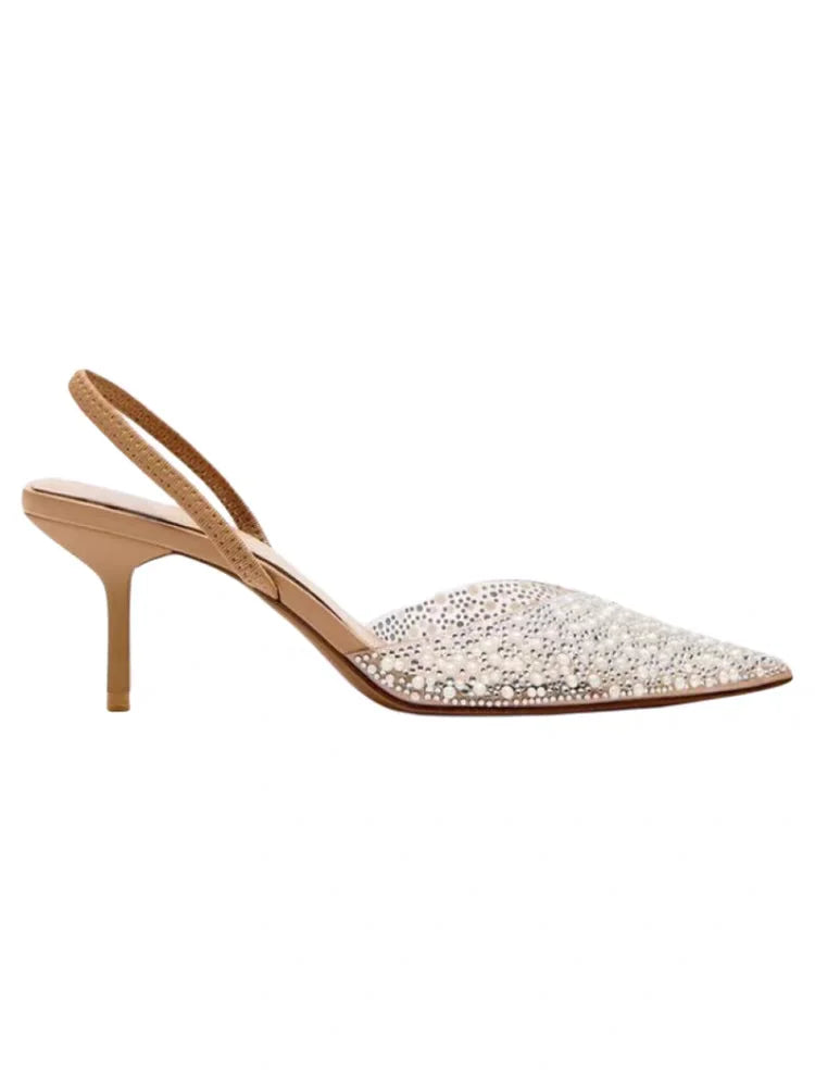 ZA Women's 2026 Summer Nude Sandals Pearl Rhinestone Pointed Toe Mules Heel Back Strap Party Wedding Dress Shoes Elegant Pumps