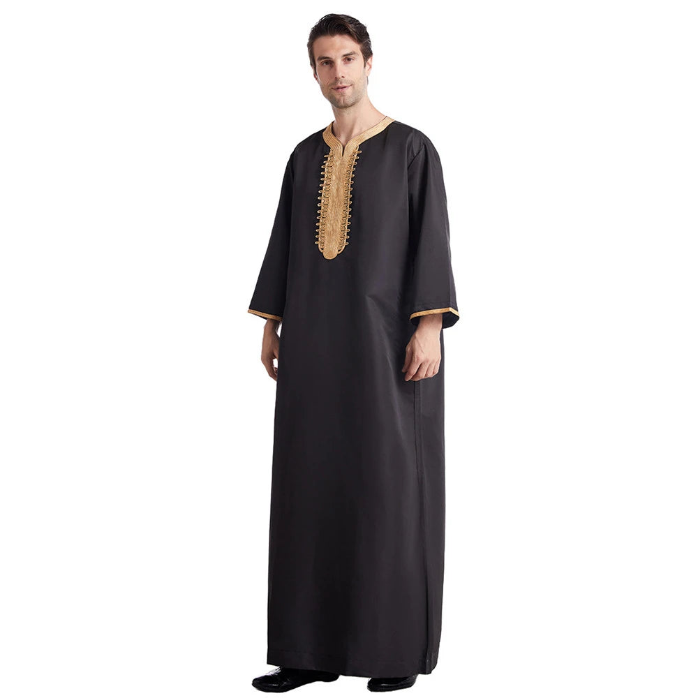 Muslim Men Jubba Thobe Solid Color Breathable Embroidery Long Robes Gown Islamic Arabic Kaftan Abaya Middle East Dubai Pakistani