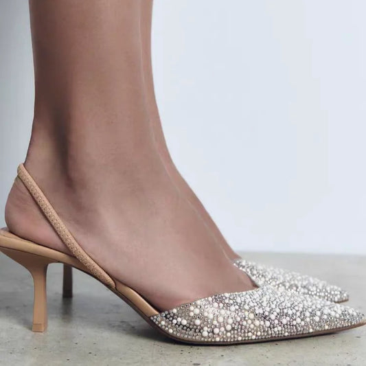 ZA Women's 2026 Summer Nude Sandals Pearl Rhinestone Pointed Toe Mules Heel Back Strap Party Wedding Dress Shoes Elegant Pumps