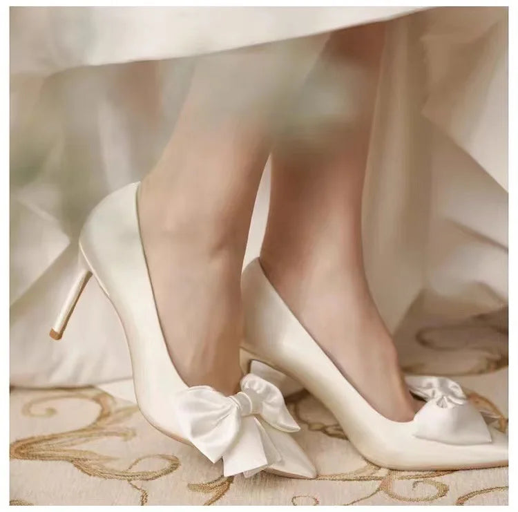 2024 Spring Summer Winter White Bowknot High Heels Women's Bridal Shoes Pointed Stiletto Heel Pumps Anti-Odor Height Increasing