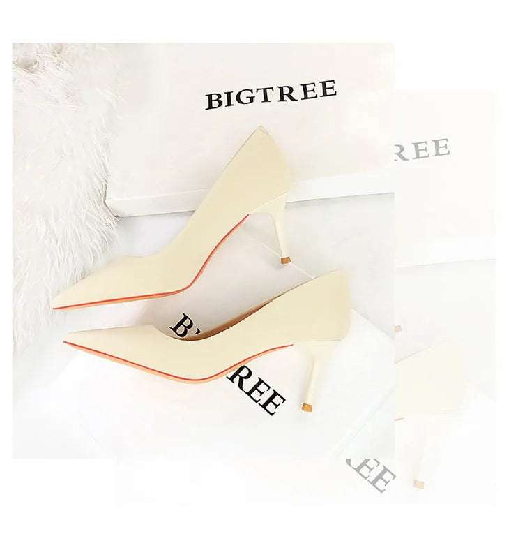 Bigtree 3265-1 Satin Slip-On Shoes with Thin Heels Comfortable Evergreen Upper Material