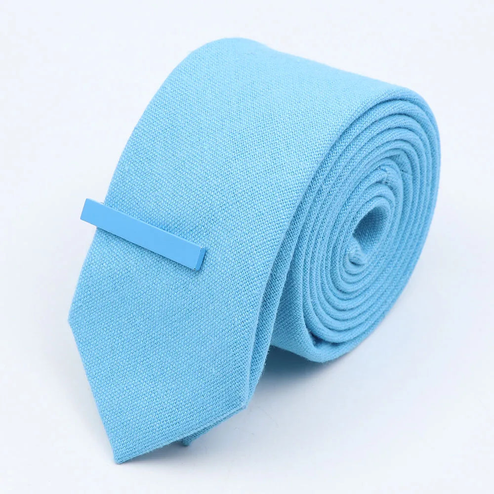 Tie&Clip Set Fashion 6cm Solid Color Linen/Cotton Necktie Bright Ties Pin Clips Clasp Colourful for Men's Clothing Accessories