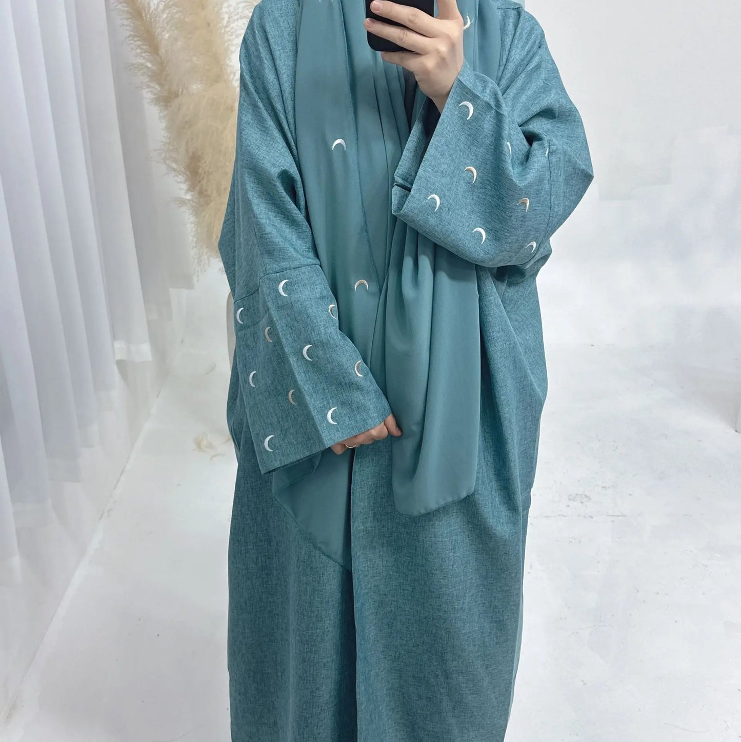 E-13 Dubai Islamic Clothing Eid Saudi Arabia Open Cardigan Moon Embroidery Muslim Abaya Dress for Women Casual All Breathable