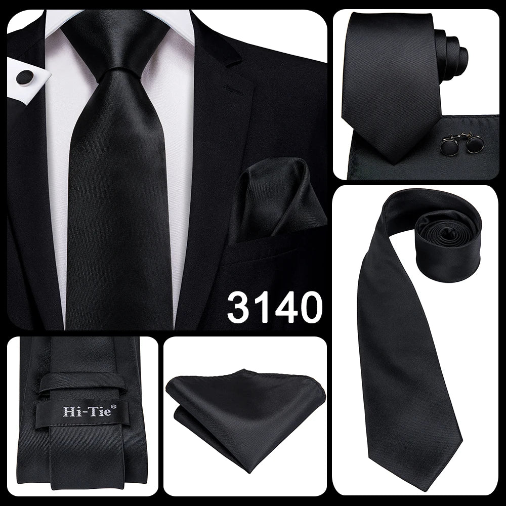 Hi-tie Design Black Solid Dot Silk Wedding Tie For Men Hanky Cufflink Gift Men Necktie Gravata Set Fashion Business Dropshipping