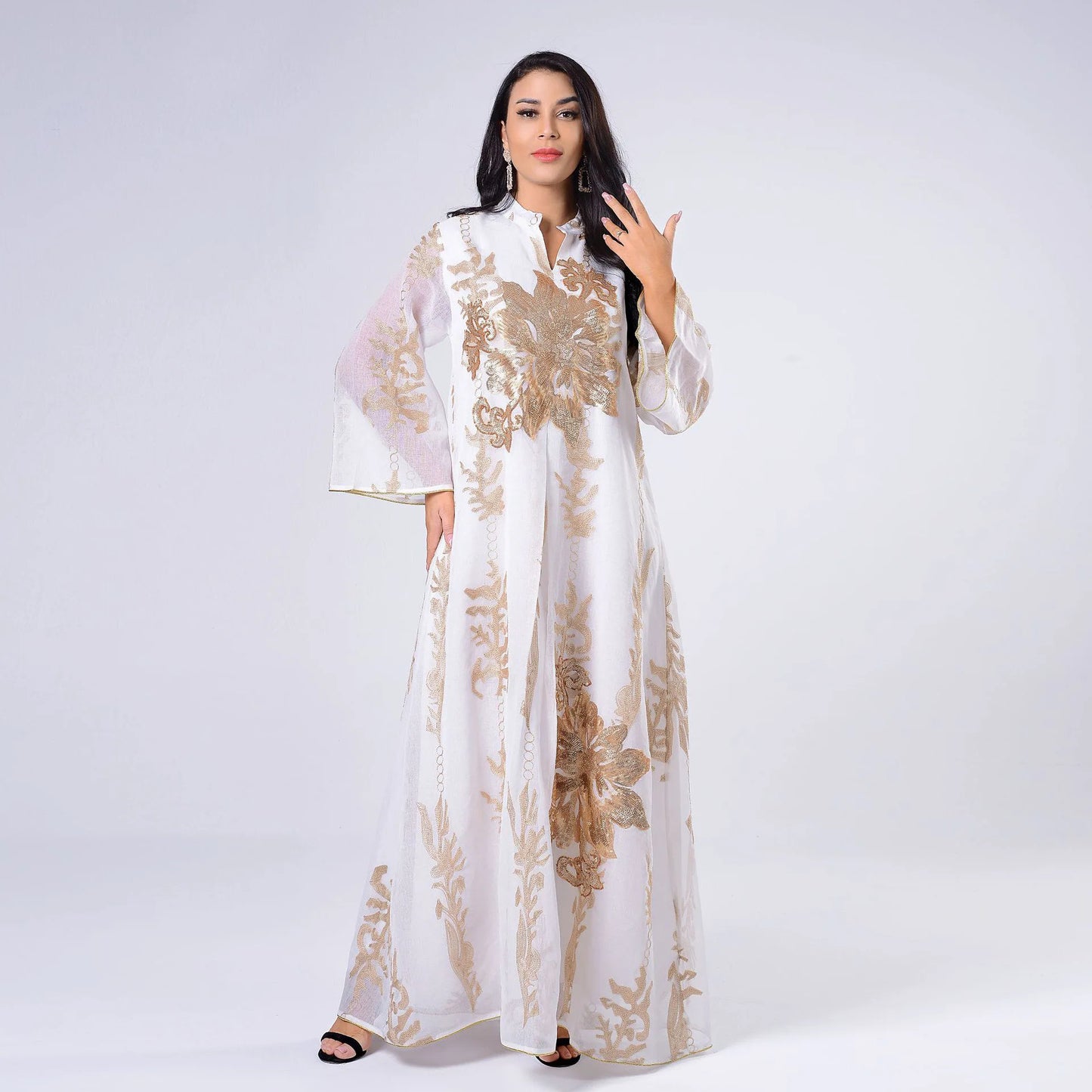 Women's New White Abaya Dress Sequins Embroidery Moroccan Kaftan Turkish Arabic Jalabiya Ethnically Islamic Robe Natural