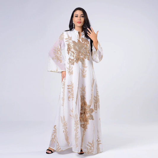 Women's New White Abaya Dress Sequins Embroidery Moroccan Kaftan Turkish Arabic Jalabiya Ethnically Islamic Robe Natural