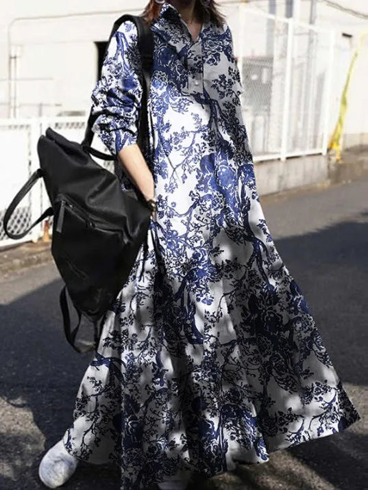 Plus Size Women's Casual Dresses Single Row Button Printed Loose Skirt That Covers Belly Ethnic Style Long Sleeve Dress