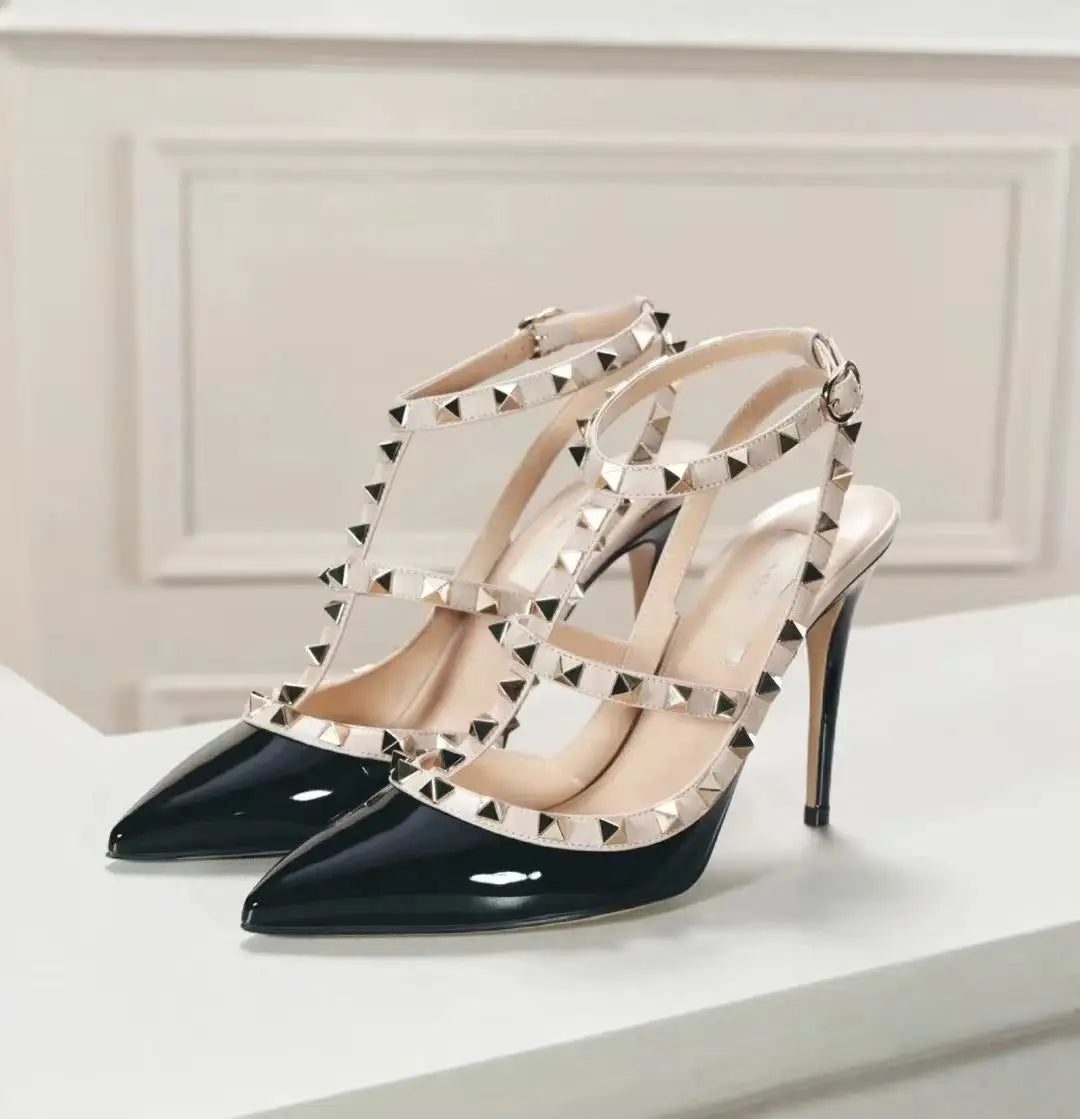 2026 Trending Summer Bridal Rivet Pointed Toe Thin Heels Slip-On Lightweight Luxury Designer Women's High Heel Shoes