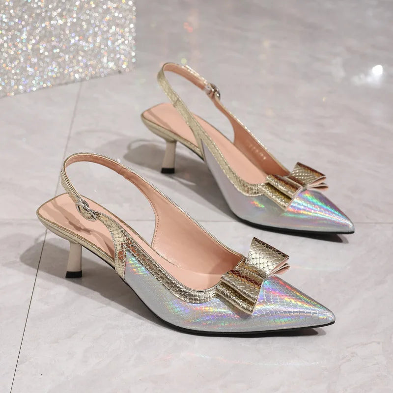 Ladies' Fashion Trend Slip-On PU Bow Paired Colorful Snake Pattern Sexy Summer Outdoor Pointed Toe Ultra High Heels