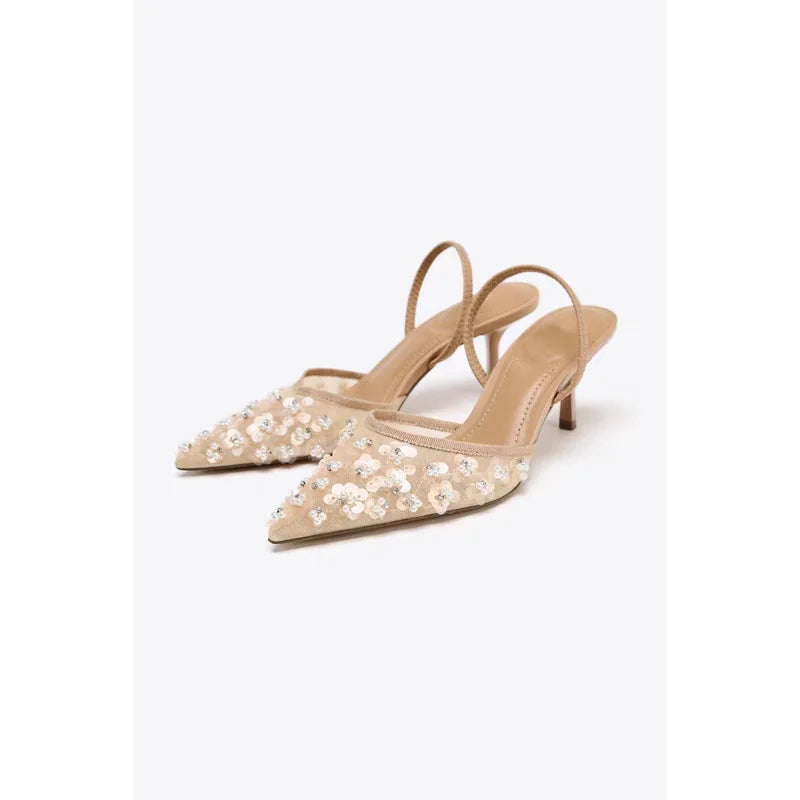 ZA Women's 2026 Summer Nude Sandals Pearl Rhinestone Pointed Toe Mules Heel Back Strap Party Wedding Dress Shoes Elegant Pumps