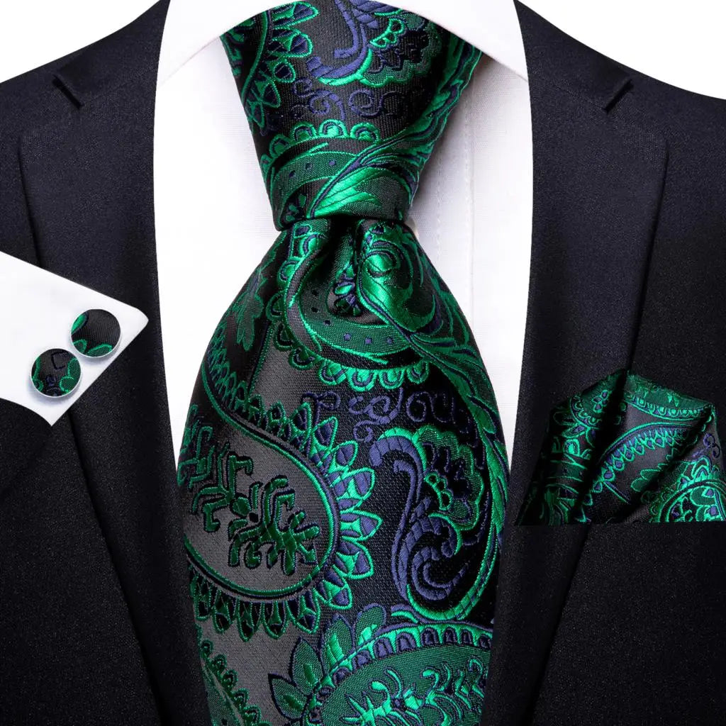 Hi-Tie 100% Silk Luxury Mens Ties Floral Black Gold Ties Paisley NeckTie Pocket Square Cufflinks Set Men's Wedding Party Tie