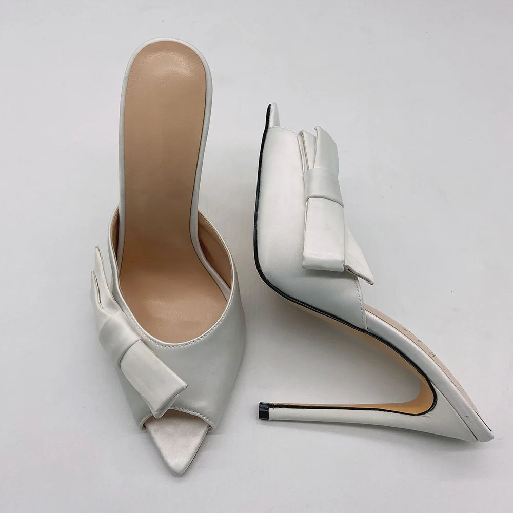 Summer Pointed Toe Satin Mules Shoes Women Heels Large Size High Heel Sandals With Bow
