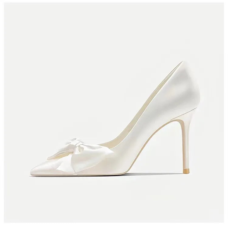 2024 Spring Summer Winter White Bowknot High Heels Women's Bridal Shoes Pointed Stiletto Heel Pumps Anti-Odor Height Increasing