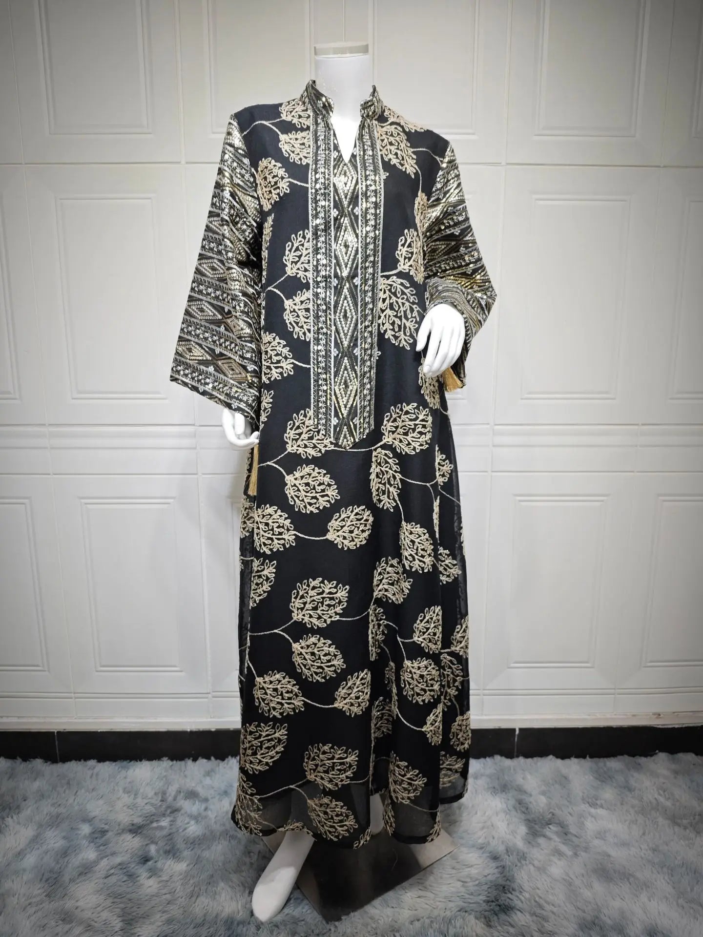 AB423 Luxury Abaya Women Muslim Dress Long Sleeve Embroidered Sequined Robe Middle Eastern Kaftan Dresses Muslim Evening Dress