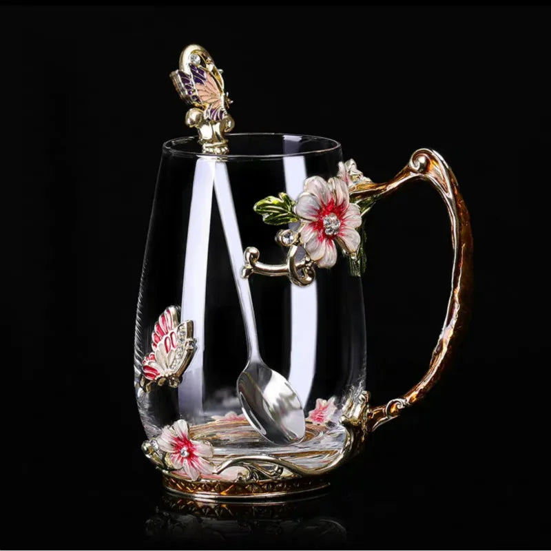 Beauty Enamel Crystal Glass Cup Flower Tea Mug High-grade Glass Water Cup and Mug with Handgrip Perfect Gift for Lover Wedding