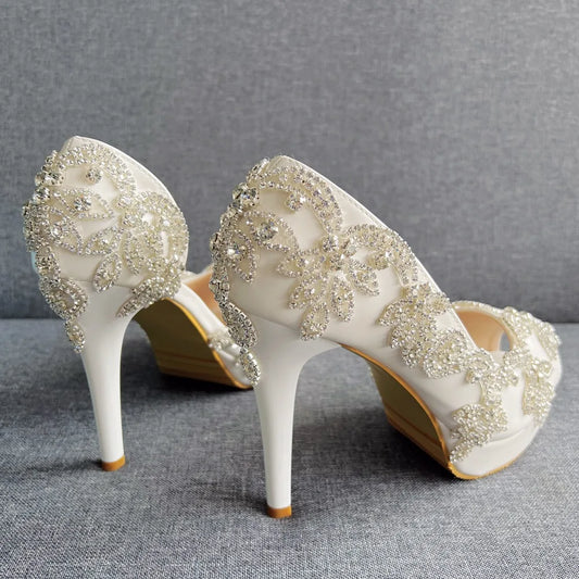 BS047 White Wedding Shoes High Heel Crystal Mariage Evening Party Bridesmaid for Brides African Lady 11 Cm Women Shoes