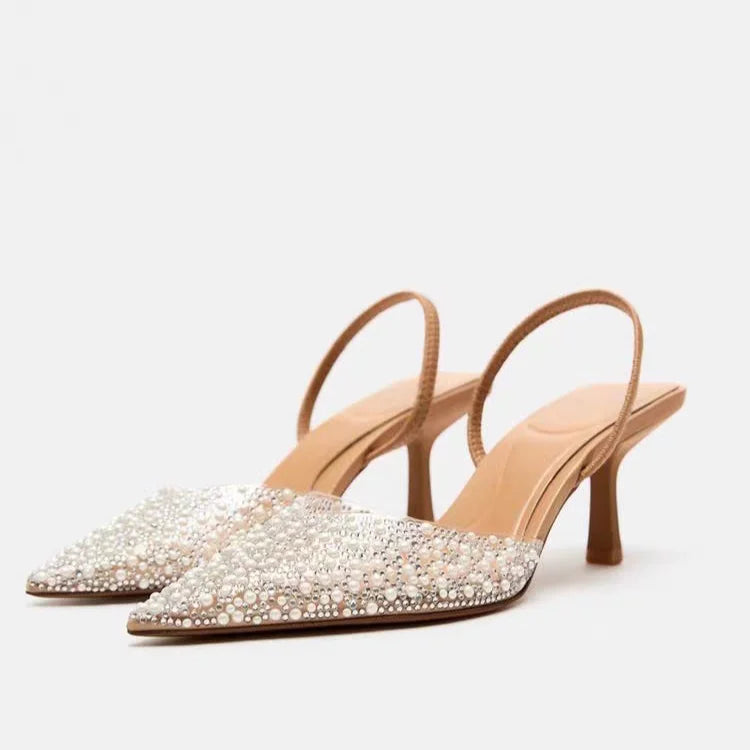 ZA Women's 2026 Summer Nude Sandals Pearl Rhinestone Pointed Toe Mules Heel Back Strap Party Wedding Dress Shoes Elegant Pumps