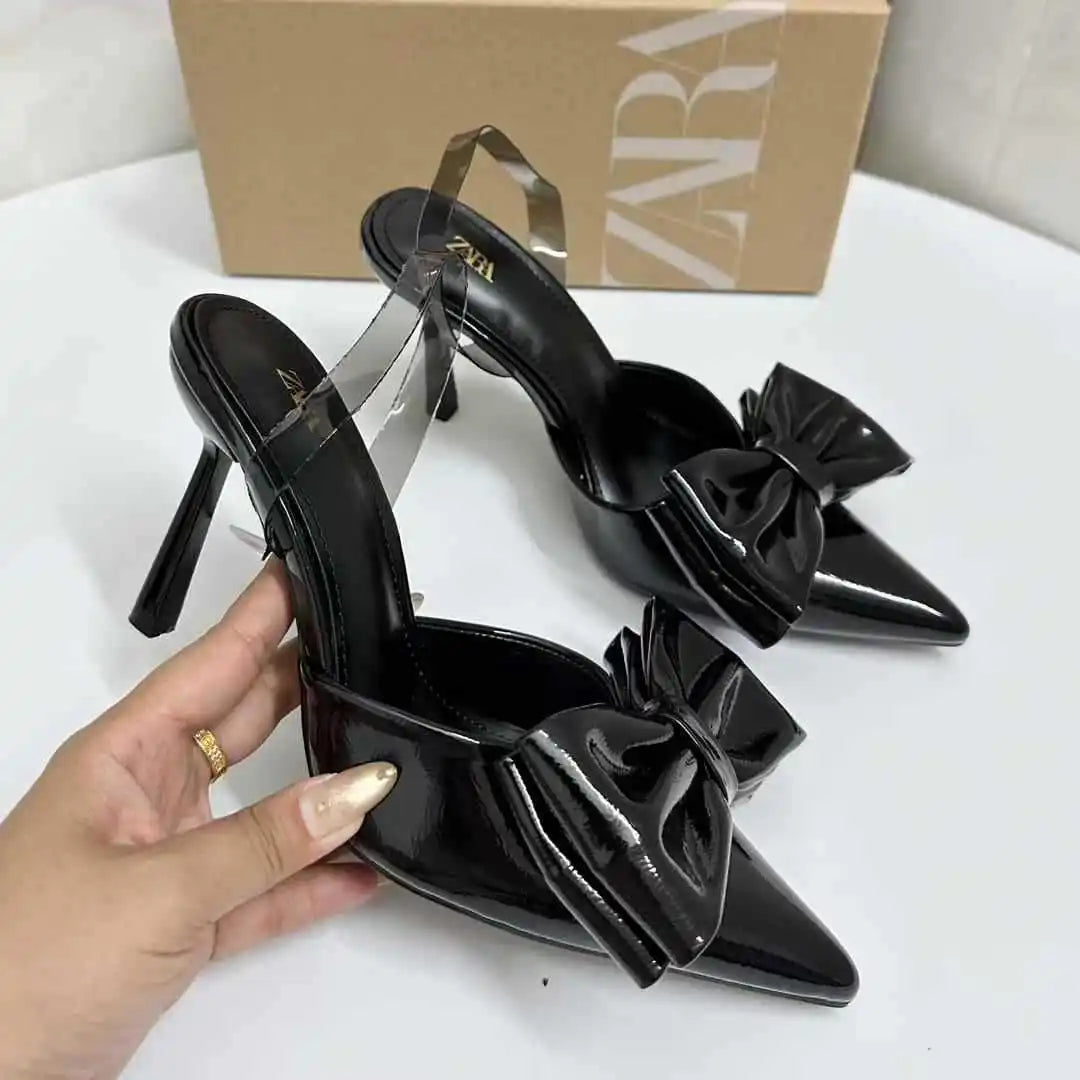 ZA Women's 2026 Summer Nude Sandals Pearl Rhinestone Pointed Toe Mules Heel Back Strap Party Wedding Dress Shoes Elegant Pumps