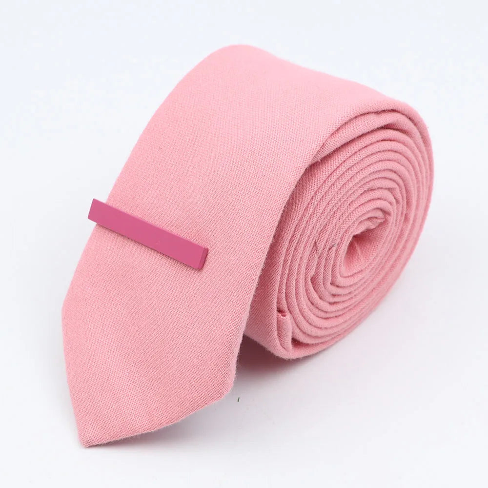 Tie&Clip Set Fashion 6cm Solid Color Linen/Cotton Necktie Bright Ties Pin Clips Clasp Colourful for Men's Clothing Accessories