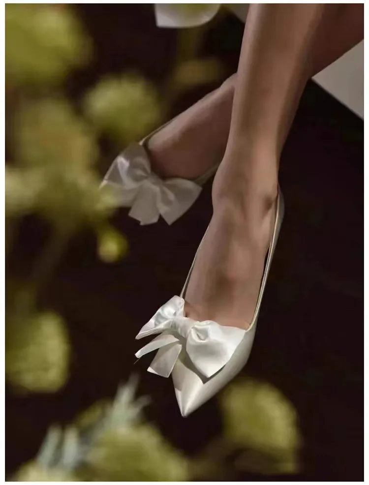 2024 Spring Summer Winter White Bowknot High Heels Women's Bridal Shoes Pointed Stiletto Heel Pumps Anti-Odor Height Increasing