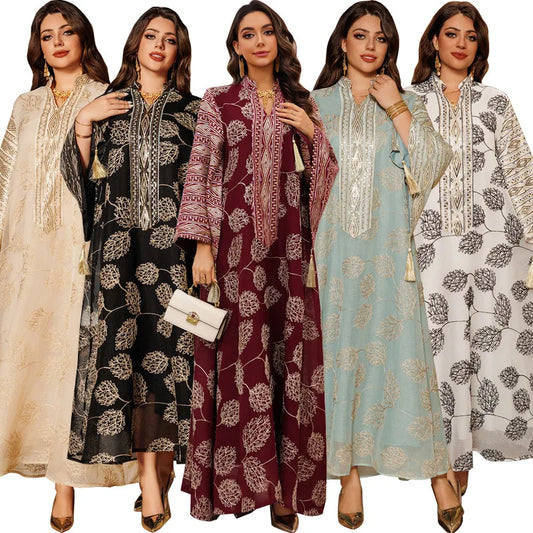 AB423 Luxury Abaya Women Muslim Dress Long Sleeve Embroidered Sequined Robe Middle Eastern Kaftan Dresses Muslim Evening Dress