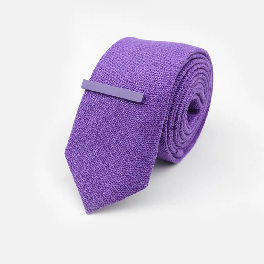 Tie&Clip Set Fashion 6cm Solid Color Linen/Cotton Necktie Bright Ties Pin Clips Clasp Colourful for Men's Clothing Accessories