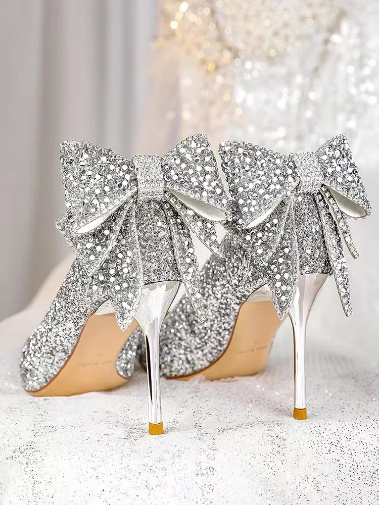 Women's Luxury Bridal High Heel Pumps Shoes Sequined Bowknot Hollow Out Closed Toe Thin Heels for All Seasons
