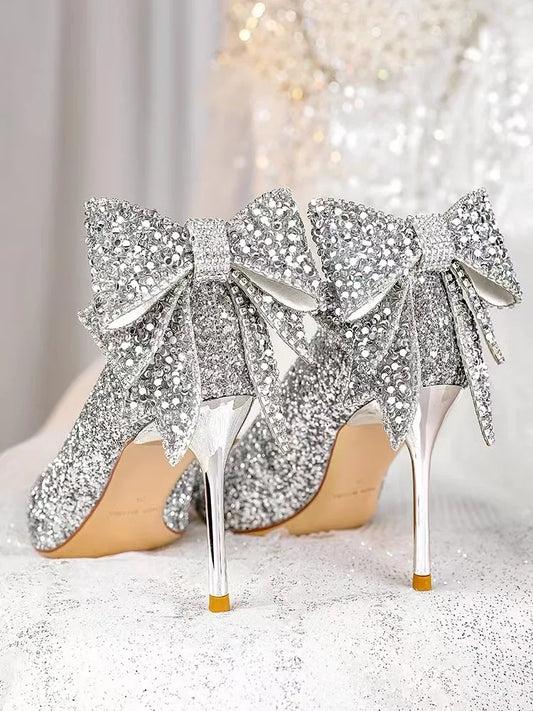 Women's Luxury Bridal High Heel Pumps Shoes Sequined Bowknot Hollow Out Closed Toe Thin Heels for All Seasons